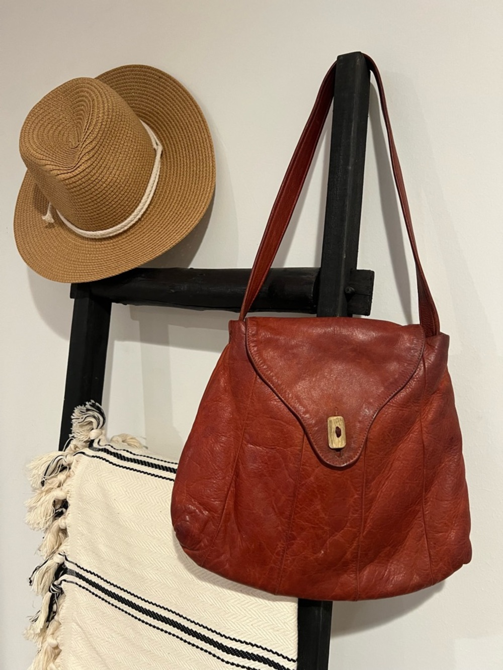 Vtg 70s Lightfoot Fyne Leather Hobo Slouch Bag Wallet Set Rust Red Buttery Soft